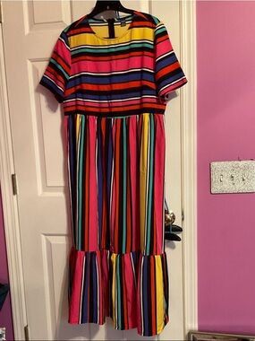 SHEIN Bright Multicolor Striped Midi Dress with Ruffle Hem